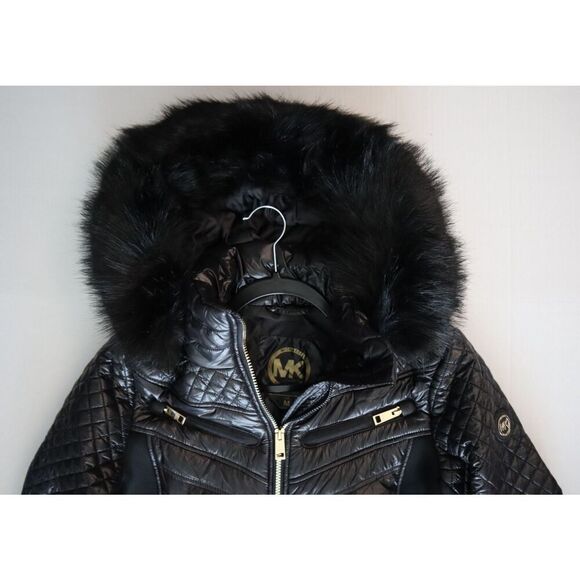 Michael Kors Women Sz M Black Faux-Fur-Trim Mixed Media Hooded Quilted Coat - Picture 7 of 16
